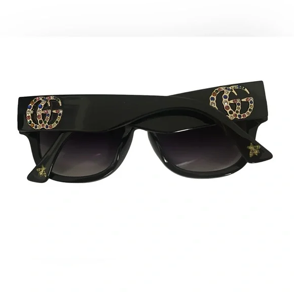 Black Semi Cat Eye Sunglasses with Purple Lenses - Rhinestones & Gold Emblems - Picture 6 of 10
